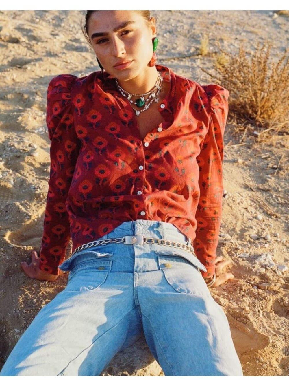 Desert Queen Becca Button Down Shirt Floral Red 100% Cotton 38 Small